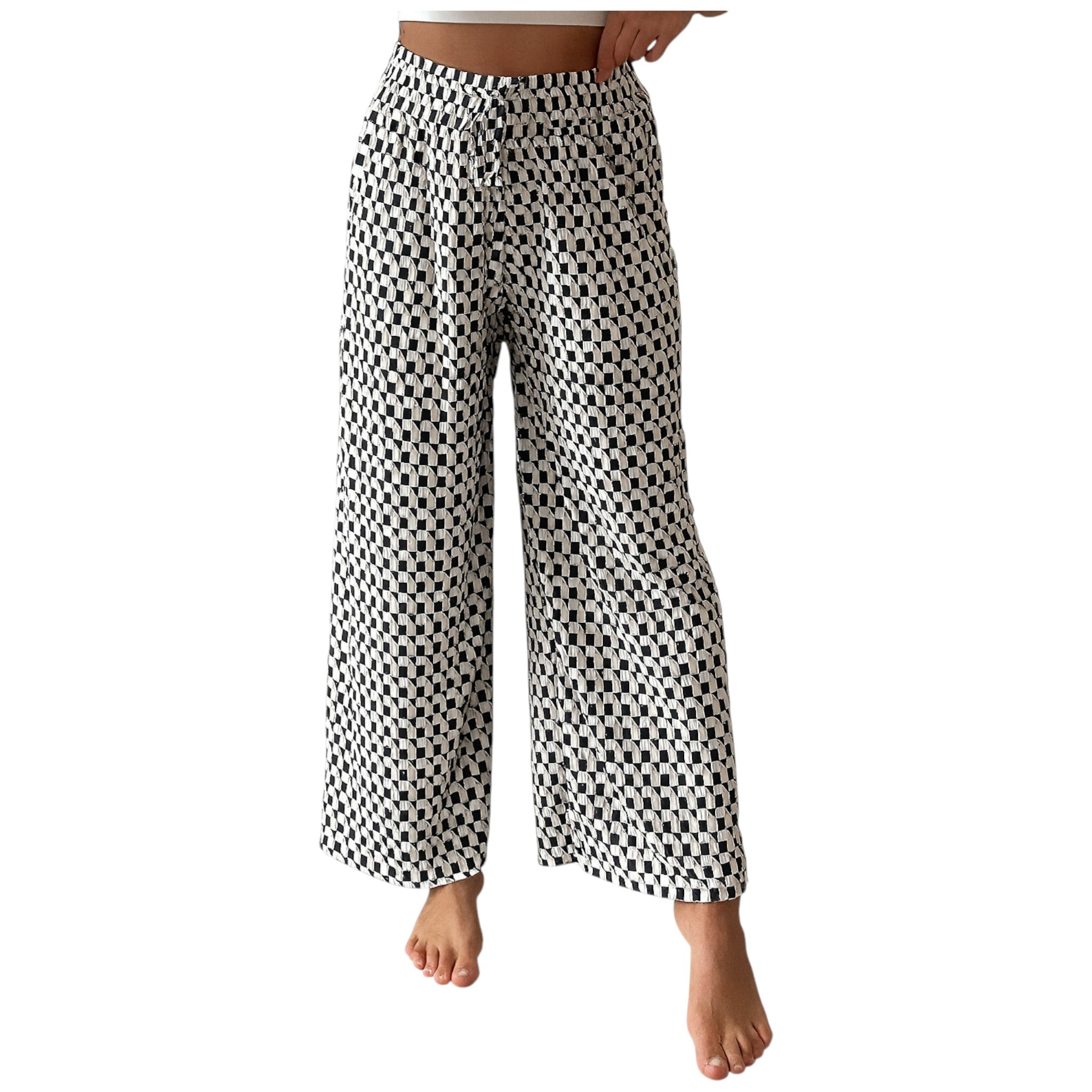 Ladies Black and White Check Design Palazzo Trousers – Wide Leg Lightweight Summer Pants